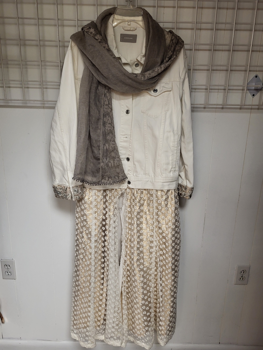 UPCYCLED Everlane White Denim Jean Jacket with GREY Scarf, SIZE L
